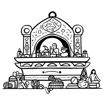 A temple altar with intricate designs and carvings is covered with a variety of votive offerings. Small statues of different deities are positioned carefully around the altar, each displaying unique details and postures. Various coins, some stacked and others scattered, are placed among the statues. The altar is adorned with a backdrop of ornate pillars and textured stone walls, adding to the sacred atmosphere of the setting.