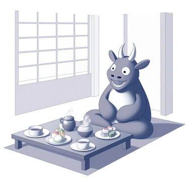 An oni with a joyful expression sits cross-legged on a tatami mat. The oni has distinct features with prominent horns and a vibrant appearance. In front of the oni, a low wooden table is set with a variety of traditional Japanese sweets, carefully arranged on delicate plates. The sweets include colorful mochi and beautifully crafted wagashi. A teapot and teacups are placed on the table, with steam gently rising from the cups. The background features a traditional Japanese shoji screen, allowing soft light to filter through, enhancing the serene atmosphere of the tea ceremony.