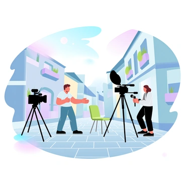A film crew is setting up equipment on a cobblestone street in Grenoble. There are several cameras positioned on tripods capturing the scene. A director is discussing the shot with a technician holding a boom microphone. In the background, charming historic buildings with colorful facades line the street, adorned with potted plants on balconies. A bright director's chair is placed nearby, indicating the presence of the main actor. Soft gradient pastel colors fill the sky, enhancing the picturesque atmosphere of the location.