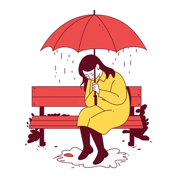 A person wearing a yellow raincoat is sitting on a wooden bench under a large red umbrella, which is partially open above them. Raindrops are visibly falling around the umbrella and creating small splashes on the ground. The person's head is slightly bowed, and their posture conveys a sense of sadness. The surrounding area is wet, with puddles forming on the ground, and there are hints of blurred trees in the background, adding to the overall mood of the scene.