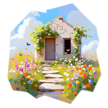 An abandoned building with crumbling walls, partially covered in lush green ivy, stands at the center of the scene. The windows are shattered, and remnants of a wooden door hang precariously on its hinges. Surrounding the building is a wild garden filled with overgrown plants, vibrant wildflowers of various colors, and curling vines. In the foreground, a path made of uneven stones leads up to the entrance of the building, while butterflies flit among the blooms, adding life to the tranquil decay. The sky overhead is a bright blue, with a few fluffy clouds drifting by.