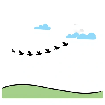 A flock of small black birds is flying in a V formation towards the north. The sky above them is filled with soft gray clouds indicating the presence of a warm front. The birds are silhouetted against a subtle gradient of light blues and whites, suggesting the changing weather. Below the birds, the landscape features rolling green hills, gently swaying in the warm breeze.
