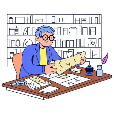 A historian with glasses is sitting at a wooden desk. The desk is cluttered with several old maps and various historical documents spread out. There are also historical artifacts such as a compass, a magnifying glass, and an ink pot with a quill pen. The historian is focused on studying one of the maps, with a thoughtful expression. In the background, there are shelves lined with books and more artifacts, creating a sense of a dedicated study space filled with history.
