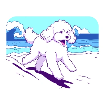 A poodle running along the beach with waves crashing behind