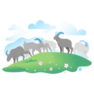 A herd of mountain goats is grazing on a grassy hill. The goats have sturdy bodies, with some sporting thick, curved horns. The hill is dotted with patches of vibrant green grass and colorful wildflowers. In the background, there is a clear blue sky with a few wispy clouds. The sun casts gentle light over the scene, enhancing the vivid colors of the landscape.