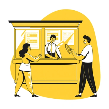 A ticket booth in a metro station with a friendly attendant standing behind the window. The attendant is wearing a uniform, smiling as they assist a traveler at the window. The traveler is holding a yellow ticket in one hand and looks pleased. Behind the booth, there are various posters and information displays about metro schedules. The booth is made of glass and wood, with a small countertop where the attendant can hand over tickets. The setting includes a visible metro station ambiance with people in the background.