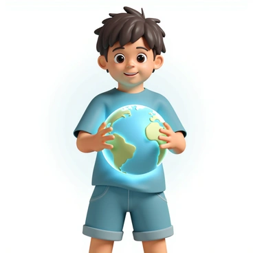 A young child, wearing a blue t-shirt and denim shorts, is standing with their hands gently cradling a glowing Earth. The globe emits a soft blue and green light, illuminating the child's face. The child has wide, bright eyes and a hopeful expression, with a slight smile on their lips. Their hair is tousled, giving a carefree look. The background features a soft gradient that transitions from dark at the top to bright at the bottom, enhancing the focus on the child and the glowing Earth.