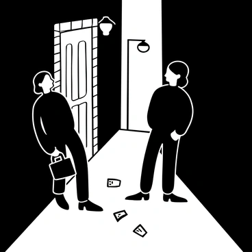 Two figures in dark clothing standing in a narrow, shadowy alley. One figure, holding a small briefcase, leans against a brick wall while the other stands opposite, partially hidden in the shadows. A dim light bulb hangs above, casting elongated shadows on the ground. A few scattered papers flutter in the breeze near their feet, adding to the sense of urgency. A distant streetlight illuminates the entrance of the alley, highlighting the contrasting darkness within.