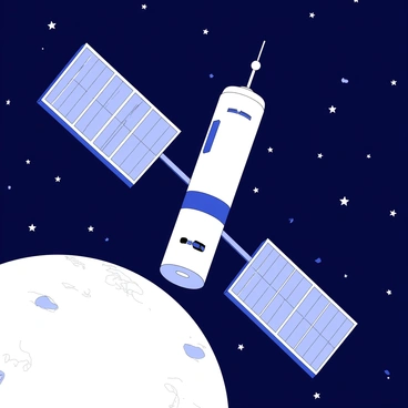 A satellite is orbiting a planet in space. It has large, expansive solar panels extending outward on either side, designed to absorb sunlight. The satellite features a cylindrical body with antennas and various instruments attached to it. The planet beneath is partially visible, showcasing its surface details and textures, while the background is filled with stars scattered across the dark expanse of space. The solar panels are angled to catch the maximum amount of light from the distant sun.