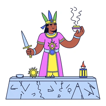 An Aztec high priest dressed in elaborate ceremonial robes, adorned with intricate patterns and vibrant colors. The priest holds a ceremonial dagger in one hand, while the other hand raises a small vessel containing burning incense, from which wisps of smoke curl upwards. Surrounding the priest are various sacred symbols, including a sun emblem and geometric patterns laid out on a stone altar. The atmosphere is charged with a sense of reverence and ritualistic purpose.