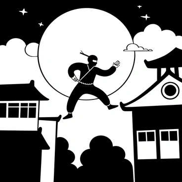 A ninja dressed in dark attire, mid-leap between two rooftops, is depicted in a dynamic pose. The rooftops are adorned with traditional Japanese architectural details. A large, full moon illuminates the scene, casting shadows across the buildings. The sky is filled with various cloud formations, adding depth to the night sky. In the foreground, the silhouette of nearby trees can be seen, enhancing the atmosphere of stealth and agility.