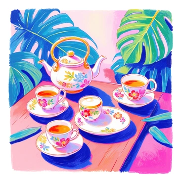 A tea set is arranged on a wooden table. The set includes a porcelain teapot with a delicate floral pattern, a matching creamer, and a sugar bowl. There are two elegant teacups with saucers, each adorned with the same floral design. Surrounding the tea set are large, vibrant monstera leaves, their rich green color contrasting with the white of the porcelain. The composition is harmonious, with the leaves creating a lush backdrop for the tea setup. 