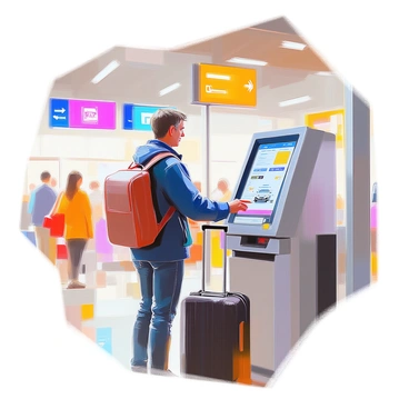 A traveler standing at an airport rental car kiosk, focused on the touchscreen interface. The traveler is a middle-aged person with short brown hair, wearing a casual navy-blue jacket and holding a small suitcase. The kiosk displays various rental car options, and the terminal interior features overhead signs and other travelers in the background. The atmosphere is bright and bustling, indicating a busy airport environment.