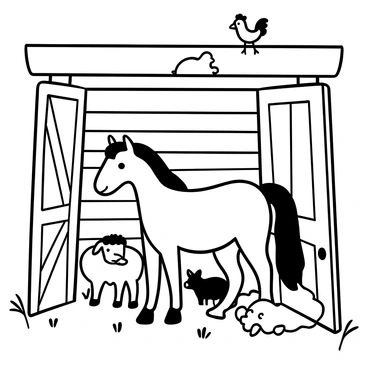 A horse standing inside a barn, its mane flowing gently. The barn walls are made of wooden planks. Around the horse, there are several friendly farm animals. A sheep is grazing nearby, while a pig is lounging in a corner. A chicken is perched on a wooden beam above, and a goat is playfully nibbling on some hay. Sunlight streams through the open barn doors, illuminating the scene.