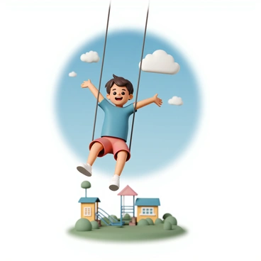 A young boy, wearing a blue t-shirt, red shorts, and white sneakers, is swinging high on a metal swing set. His arms are outstretched, and he has a big smile on his face, showcasing his joy. His short brown hair is slightly tousled as he moves through the air. Above him, the sky is a bright blue with a few fluffy white clouds scattered throughout. The playground is filled with colorful equipment and soft green grass surrounding the swing set.