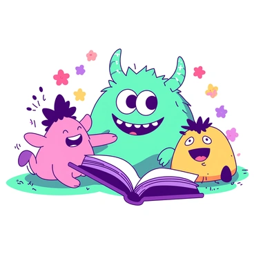 A teal monster with large round eyes and a wide smile is sitting on the grass, holding an open purple book. Surrounding it are three other friendly monsters, each with unique features. A pink monster with fluffy ears is giggling as it points to the book. A yellow monster with spiky hair is leaning forward, eagerly listening. Another orange monster, with a big belly, is laughing heartily, its eyes squinting with joy. In the background, colorful flowers are scattered around, enhancing the cheerful atmosphere.