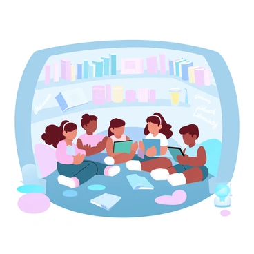 A group of children is sitting on a colorful rug in a cozy reading nook, surrounded by shelves filled with books. Each child is focused on a tablet in their hands, exploring different stories. The nook is softly illuminated by warm lighting, and plush cushions are scattered around them. Nearby, a small side table holds an open book and a cup of juice. The walls are adorned with bright illustrations and quotes from famous children’s literature.