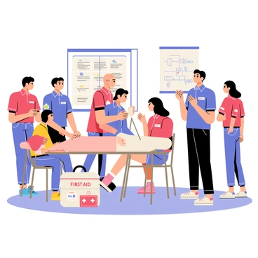 A group of six people gathered in a bright training room for a first aid session. Each person is wearing a red or blue polo shirt, indicating their roles as attendees or instructors. In the center, a woman with short black hair demonstrates CPR techniques on a life-size mannequin. Around her, three men and two women are attentively watching and taking notes. A large poster depicting the steps of first aid is hanging on the wall. The atmosphere is focused and engaged, with a whiteboard filled with diagrams nearby. A first aid kit is placed on a table within reach.