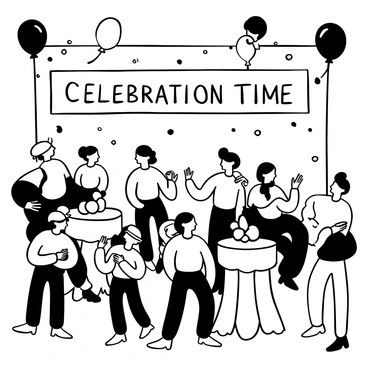 A festive celebration scene featuring various decorations such as balloons and streamers hanging from the ceiling. Tables are adorned with elegant tablecloths and centerpieces made of flowers. Guests are gathered, wearing unique Loewe attire, engaging in conversations and laughter. Some guests are toasting with glasses raised, while others are admiring the decorations. A large banner with the words "Celebration Time" is displayed prominently in the background.