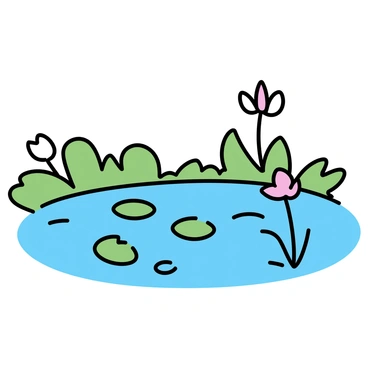 A tranquil pond, featuring still water surrounded by lush greenery. The surface is dotted with several "blooming lotus flowers," displaying vibrant colors such as pink and white. Scattered across the water are "lily pads," floating gracefully on the surface. The scene includes gentle reflections of the flowers and leaves in the pond's clear water.