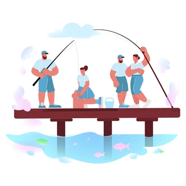 A group of three friends is standing on a wooden pier, each holding fishing rods. One friend is wearing a blue cap and is casting a line into the water, while another friend is kneeling down with a small bucket beside them. The third friend is leaning against the railing, looking down into the water. Below the pier, several colorful fish can be seen swimming close to the surface. The water is a gradient of soft blue and green hues, reflecting the sunlight above. In the background, a few fluffy clouds are floating in a pastel-colored sky.