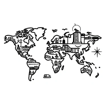 A stylized world map with fine-line illustrations of landmarks and transportation.
