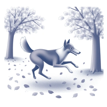 A borzoi dog is running playfully in a park. The dog has a slender, elegant body with long legs and a distinctive elongated head. The surrounding ground is covered with a thick layer of fallen leaves, showcasing various shapes and textures. Trees in the park are adorned with leaves that are detailed and scattered around, creating a natural carpet of foliage. The borzoi appears joyful, with its ears perked up and tail held high as it leaps through the vibrant leaves.