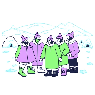 A group of people is gathered in an icy tundra. They are dressed in thick fur clothing, which includes heavy coats, hats, and boots to protect against the cold. The expressions on their faces indicate resilience and determination as they interact with each other. In the background, there are several igloos made of snow and ice blocks, showcasing their traditional architectural style. The ground is covered with a layer of snow, with some patches of ice glimmering under the pale light. The landscape stretches out, featuring rolling hills of white snow.