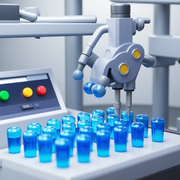A close-up view of a machine assembling ampoules with high precision. The machine features intricate mechanical components working in synchronization. Each ampoule is glass, with a shiny surface reflecting light. There are tiny robotic arms carefully positioning the ampoules. The background consists of a clean, sterile industrial environment, emphasizing the focus on the assembly process. The image captures the details of the machine, showcasing gears, levers, and a control panel with blinking lights.