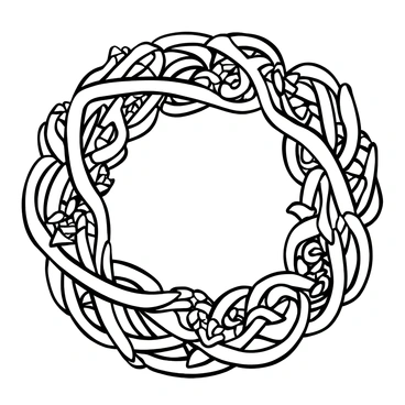 A decorative wreath composed of intertwining "raspberry vines" with "small, delicate flowers" scattered throughout. Numerous "ripe raspberries" are nestled among the vines, adding texture to the design. The wreath is circular in shape and has a lush, abundant appearance, showcasing the intricate details of the vine leaves and the arrangement of the flowers and berries.