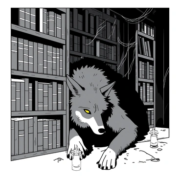 A werewolf with matted fur is crouched low among the towering, wooden shelves of an old, dusty library. The library is filled with tall shelves that are packed with ancient books, many of which are covered in a layer of dust. Flickering candles line the rows, casting shadows that dance across the werewolf's angular features. The creature's eyes gleam with a piercing yellow light as it peers through a gap in the shelves, and the smell of old pages fills the air. In the background, cobwebs hang in corners, adding to the eerie atmosphere of the library.