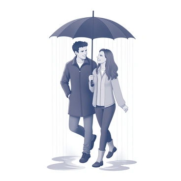 A couple sharing an umbrella while walking in the rain, splashing in puddles together.