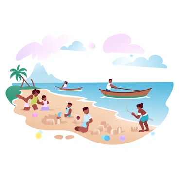 A beach scene on the Swahili coast features gentle waves lapping at the shore. In the foreground, children are building sandcastles, surrounded by colorful beach toys. Nearby, fishermen are in wooden boats, casting their nets into the water. The boats are painted in vibrant hues, contrasting with the soft, pastel tones of the sand and sea. The sky above is filled with gradient pastel colors, transitioning from soft pink to pale blue, creating a tranquil atmosphere. Palm trees gently sway in the light breeze, adding to the coastal ambiance.