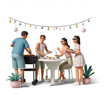 A group of four friends is gathered on a spacious patio, laughing and enjoying a barbecue party. One friend, wearing a blue t-shirt and denim shorts, is flipping burgers on a large black grill, with flames rising and smoke curling up. Another friend, dressed in a red tank top and green shorts, is setting a table with colorful plates and drinks. A third friend, in a striped shirt and khaki pants, is tossing a fresh salad in a clear bowl. The fourth friend, wearing sunglasses and a floral dress, is holding a plate filled with grilled vegetables and sausages, smiling as they all chat happily. The patio is decorated with string lights and potted plants, creating a cheerful atmosphere.