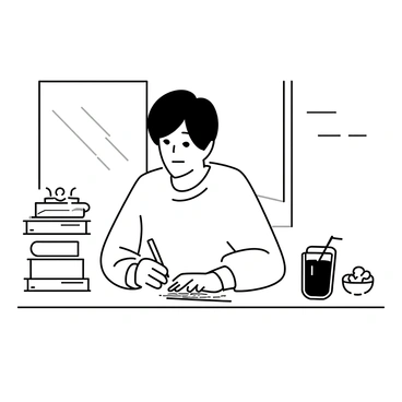 A student sitting at a wooden kitchen table, focused on their notes spread out in front of them. They have a bowl of cereal to their right and a glass of juice to their left. The student is wearing a cozy sweatshirt and has short hair. A few textbooks are stacked beside the notes. Sunlight is streaming through a window, casting soft shadows on the table. The student is writing with a pen, occasionally glancing at their notes with a determined expression.
