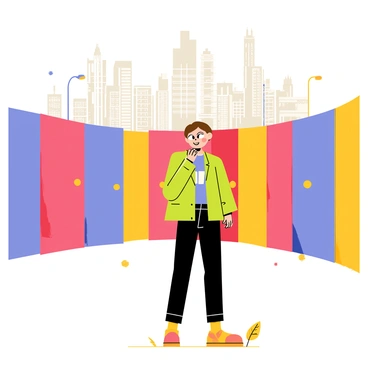 A character with short brown hair and a green jacket stands in front of numerous colorful doors, each differing in design and size. The doors are arranged in a semi-circle, with some doors being bright red, others blue, and a few yellow. Behind the character, a bustling urban landscape is visible, filled with tall buildings and streetlights. The character has a thoughtful expression, with one hand raised to their chin, contemplating which door to choose. The scene includes a few scattered leaves on the ground, suggesting it's autumn.