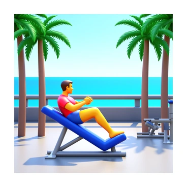 A person performing leg extensions on a gym machine. The setting is an open-air gym with a clear view of the ocean in the background. Tall palm trees sway gently in the breeze. The person is focused on their exercise, showcasing effort and determination. The gym equipment is modern and well-maintained, positioned strategically to take advantage of the scenic surroundings. Sunlight casts soft shadows on the ground, enhancing the vibrant colors of the environment.