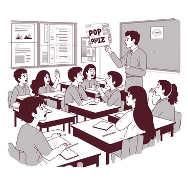 A group of students with varied hairstyles and clothing styles sit at their desks in a classroom. Their faces display surprise and shock as they look at their teacher standing at the front. The teacher holds a stack of papers labeled "Pop Quiz" in bold letters. Some students have raised their hands in confusion, while others have wide eyes and open mouths. Pencils and notebooks are scattered across the desks, with a few students looking at each other, sharing expressions of disbelief. The classroom walls are decorated with educational posters and there is a chalkboard in the background.