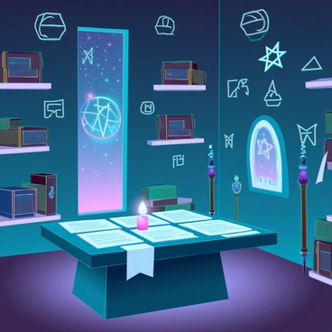 A secret sanctum with dim lighting and stone walls, adorned with intricate "arcane symbols" etched into the surfaces. Shelves line the walls, filled with various "magical artifacts" such as glowing crystal orbs, ancient tomes with leather bindings, and ornate staffs with shimmering gemstones. In the center, a large "ritual table" is covered with scattered parchment and a flickering candle casting dancing shadows. A mysterious "portal" glows faintly in one corner, surrounded by runes that pulse with energy. Tall, narrow windows reveal glimpses of a starry night sky, enhancing the enchantment of the space.