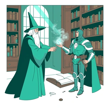 A teal wizard with long flowing robes and a pointed hat stands with an outstretched hand, presenting a glowing amulet to a brave hero. The hero, clad in vibrant armor, reaches out to accept the amulet, which emits a soft light. Surrounding them are towering wooden shelves filled with ancient tomes and scrolls, and the library has ornate decorations and intricate carvings on the walls. Light filters in from tall, arched windows, illuminating dust particles in the air, creating an atmosphere of magic and mystery.