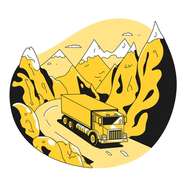 A large truck, depicted in a detailed manner, is driving along a winding road that snakes through a mountainous landscape. The truck is shown with a robust structure and prominent features, illustrating its size and strength. The road curves sharply, lined with rocky cliffs and vegetation. Mountains rise majestically in the background, with peaks partially obscured by clouds. The scene captures the movement of the truck as it carefully navigates the twists and turns of the road, with a sense of adventure and exploration in the atmosphere.