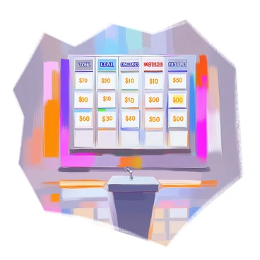 A traditional Jeopardy game board is prominently displayed, featuring a rectangular grid divided into three categories: "Legal," "Challenges," and "Mysteries." Each category header is bold and clearly labeled at the top of the grid. The grid contains various question tiles, each marked with dollar amounts in a contrasting color, suggesting different levels of difficulty. The overall layout is bright and organized, inviting players to engage with the game. A sleek podium for contestants stands in front of the board, adding to the competitive atmosphere.