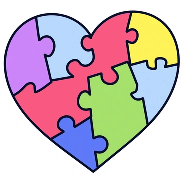 A heart shape composed of interlocking puzzle pieces. Each puzzle piece has a different vibrant color, including red, blue, green, and yellow. The pieces fit together seamlessly, creating a cohesive and complete heart. The background is a simple, solid color to enhance the focus on the heart shape.