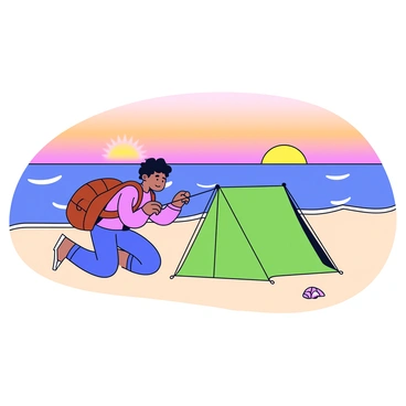 A backpacker with a brown backpack is setting up a small, green tent on a quiet beach. The sand is light-colored and smooth, with gentle waves lapping at the shore. The sun is setting in the background, casting warm orange and pink hues across the sky, reflecting off the ocean. The backpacker is kneeling down, holding a tent pole in one hand while looking intently at the tent. There are a few scattered seashells on the sand nearby.