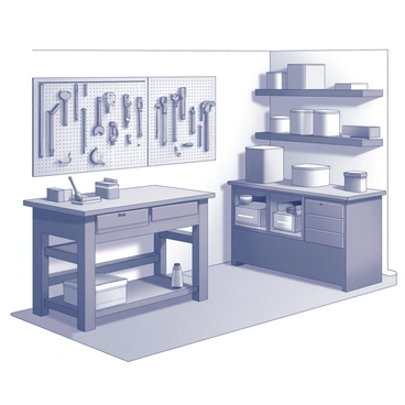 A garage interior featuring a clean and tidy workbench positioned against the wall. The workbench is free of clutter, displaying a well-organized array of tools. Various tools are hanging neatly on a pegboard mounted on the wall, each tool arranged by type and size for easy access. The floor is swept clean, and shelves line the back wall, holding additional supplies and equipment in an orderly fashion.