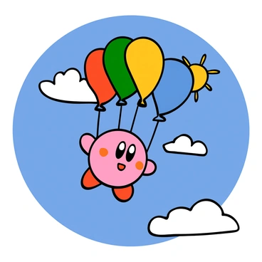 Kirby, a round pink character with big eyes and a cheerful expression, is soaring through a bright blue sky. He is holding a bundle of colorful balloons in various shades, including red, yellow, green, and blue. The balloons are floating above him, lifting him higher into the air. The sun is shining brightly, casting a warm light over the scene, and there are a few fluffy white clouds scattered in the sky around him.
