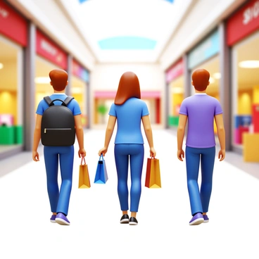 A group of three friends walking through a shopping mall. Each friend is showcasing proper posture as they walk, standing tall with shoulders back and heads held high. The first friend has a black backpack slung over one shoulder, while the second friend carries a shopping bag in each hand. The third friend has their hands casually in their pockets. The mall is bustling with activity, featuring various store signs and displays in the background.