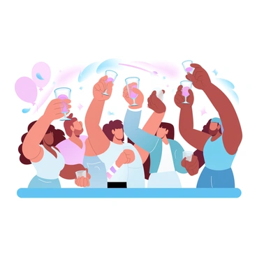 A group of friends is standing together at a table, each holding a shot glass above the surface. The glasses are filled with a colorful liquid, reflecting the vibrant atmosphere of the party. The friends are dressed in a variety of party attire, showcasing different styles. In the background, there are decorations such as streamers and balloons, adding to the festive mood. The lighting is warm and inviting, enhancing the celebratory feeling of the moment.