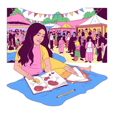 A woman with long flowing hair is sitting on a blue picnic blanket, focused on capturing the lively atmosphere of a cultural festival in her sketchbook. She holds a yellow pencil in her right hand, and her sketchbook is filled with colorful drawings of festival-goers dancing and celebrating. Surrounding her, vibrant decorations and banners in various colors sway gently in the breeze. In the background, groups of people are engaged in festivities, some wearing traditional attire, while others are enjoying food from brightly colored stalls. The sun casts a warm glow over the scene, highlighting the joyful expressions of those present.