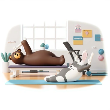A cartoon bear, with a brown fluffy coat, is lying on a gym bench doing skull crushers. It has a determined expression on its face as it lifts two white bones as weights above its head. Nearby, a cartoon rabbit with a white and gray fur pattern is stretching on a yoga mat, looking towards the bear with an encouraging smile. In the background, there are gym equipment such as a treadmill and dumbbells, and colorful posters on the walls featuring fitness tips. The floor is a shiny wooden surface, and there is a large window letting in bright sunlight.